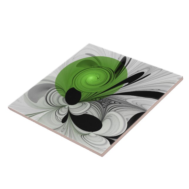 Abstract Black and White with Green Fractal Art Ceramic Tile (Side)
