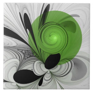 Abstract Black and White with Green Fractal Art Ceramic Tile