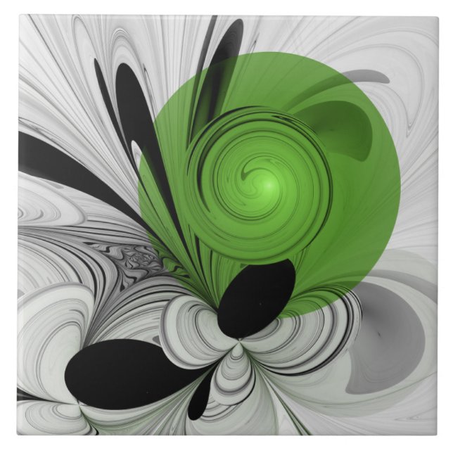 Abstract Black and White with Green Fractal Art Ceramic Tile (Front)