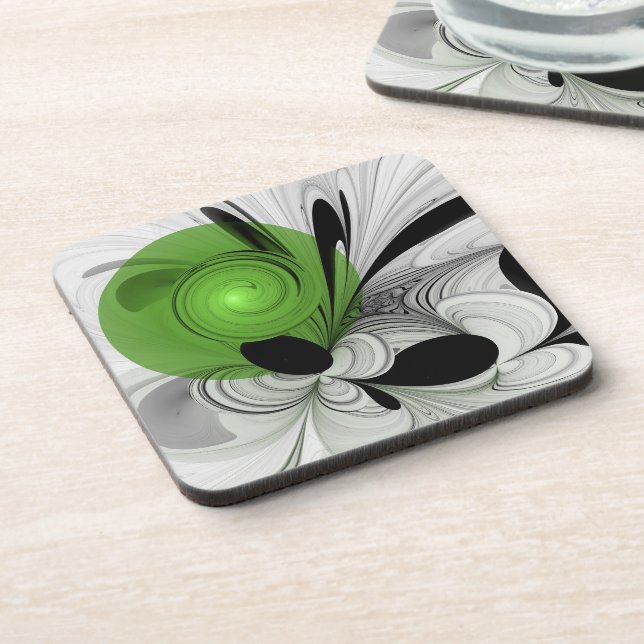 Abstract Black and White with Green Fractal Art Coaster (Left Side)