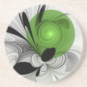 Abstract Black and White with Green Fractal Art Coaster
