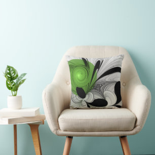 Abstract Black and White with Green Fractal Art Cushion