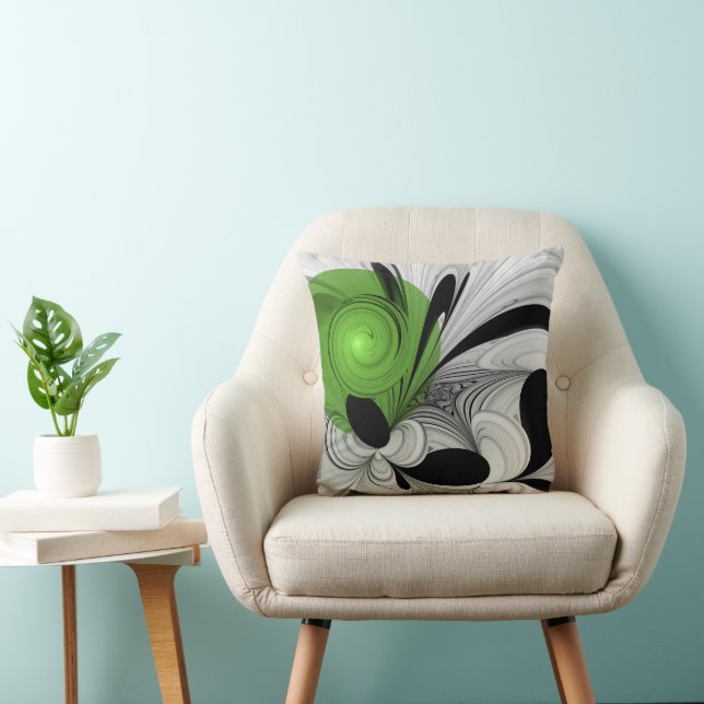 Abstract Black and White with Green Fractal Art Cushion (Chair)