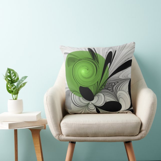 Abstract Black and White with Green Fractal Art Cushion (Chair)
