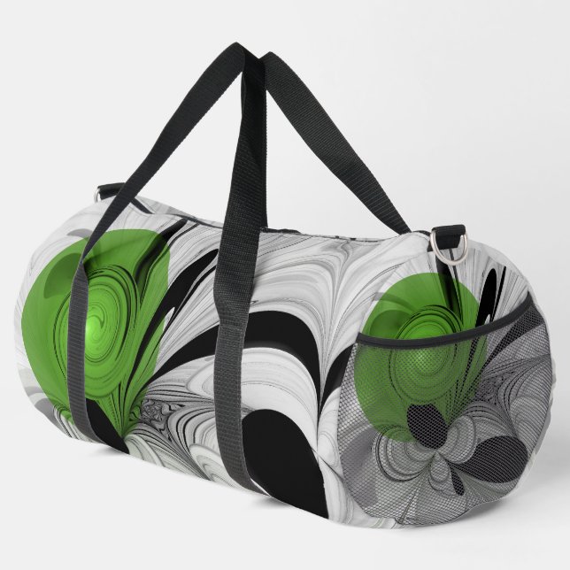 Abstract Black and White with Green Fractal Art Duffle Bag (Right Corner)