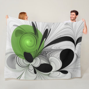Abstract Black and White with Green Fractal Art Fleece Blanket