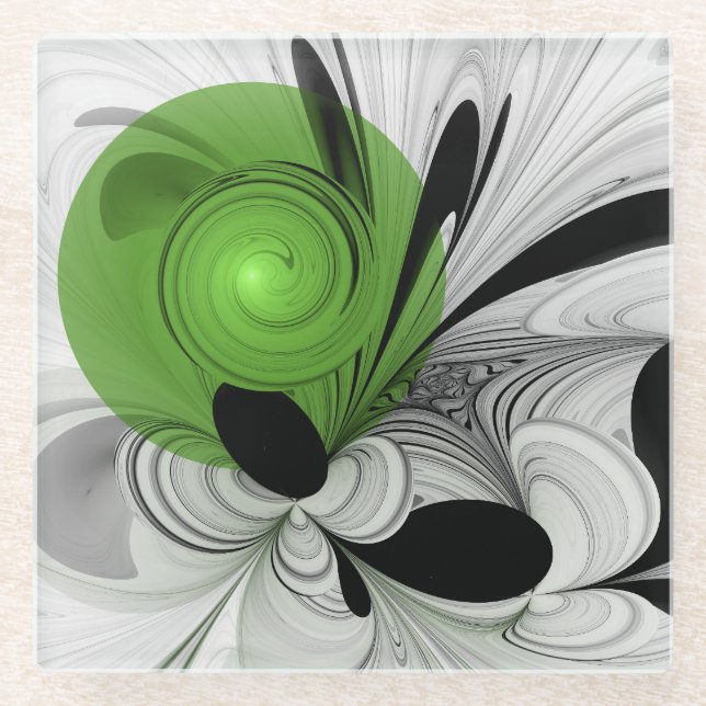 Abstract Black and White with Green Fractal Art Glass Coaster (Front)