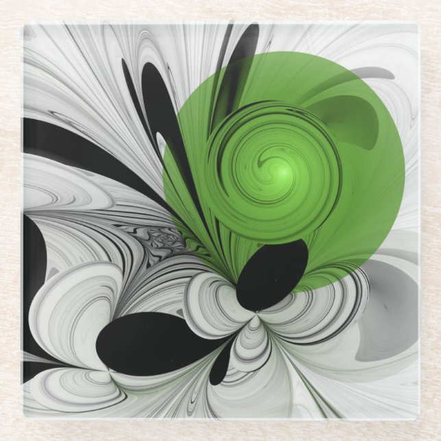 Abstract Black and White with Green Fractal Art Glass Coaster (Front)