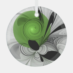 Abstract Black and White with Green Fractal Art Glass Tree Decoration