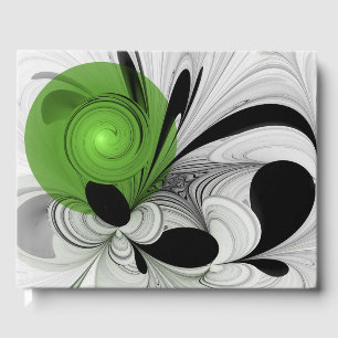 Abstract Black and White with Green Fractal Art Guest Book