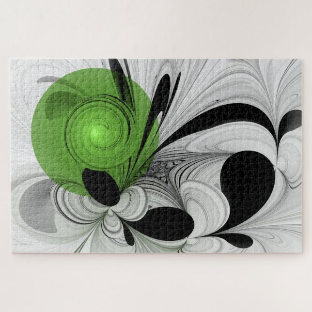 Abstract Black and White with Green Fractal Art Jigsaw Puzzle (Horizontal)
