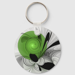 Abstract Black and White with Green Fractal Art Key Ring