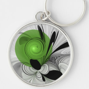 Abstract Black and White with Green Fractal Art Key Ring