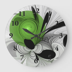 Abstract Black and White with Green Fractal Art Large Clock
