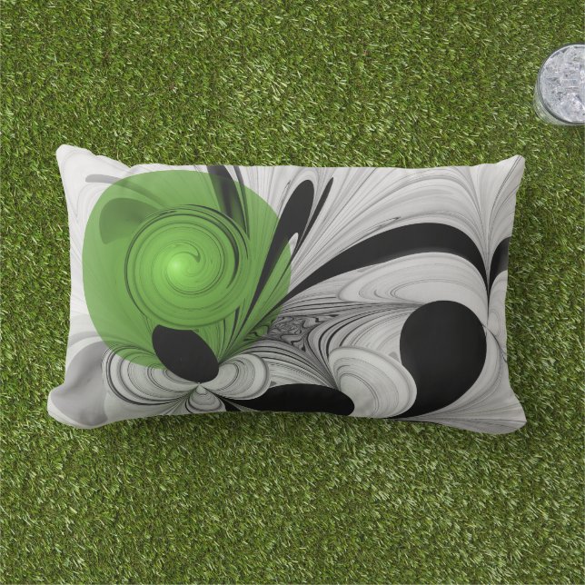 Abstract Black and White with Green Fractal Art Lumbar Cushion (Grass)