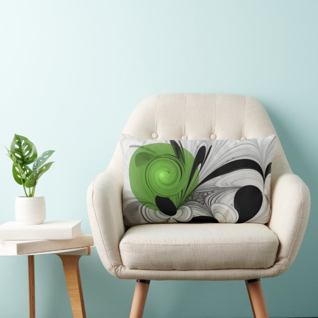 Abstract Black and White with Green Fractal Art Lumbar Cushion (Chair)