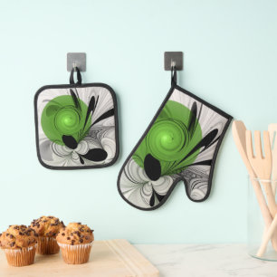 Abstract Black and White with Green Fractal Art Oven Mitt & Pot Holder Set