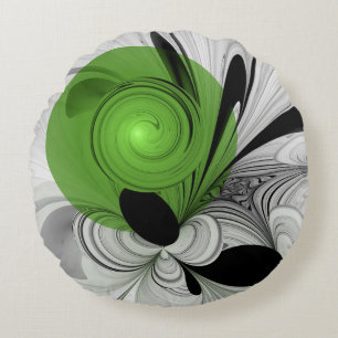 Abstract Black and White with Green Fractal Art Round Cushion