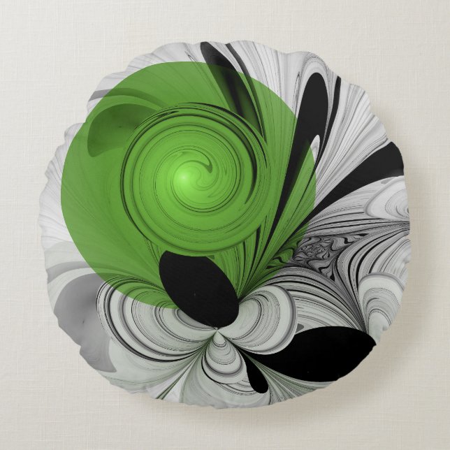 Abstract Black and White with Green Fractal Art Round Cushion (Front)