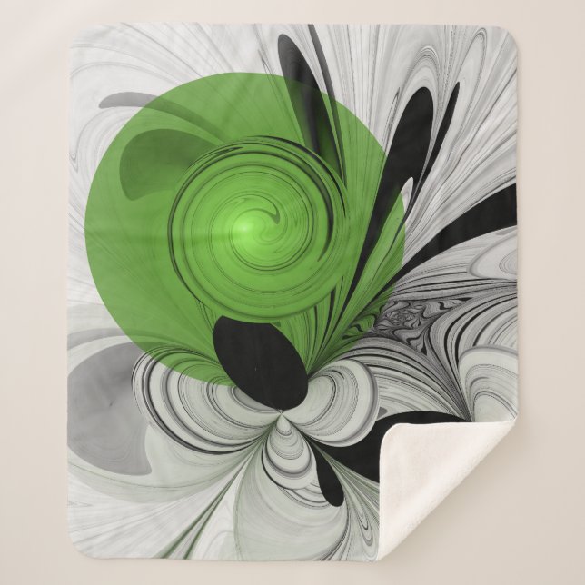 Abstract Black and White with Green Fractal Art Sherpa Blanket (Front)