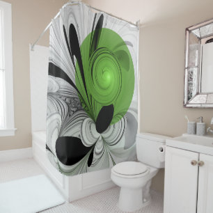 Abstract Black and White with Green Fractal Art Shower Curtain