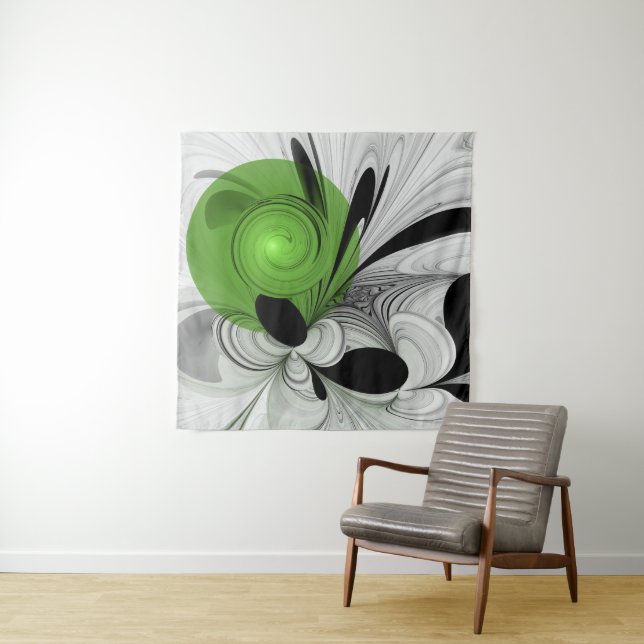 Abstract Black and White with Green Fractal Art Tapestry (In Situ (Horizontal))