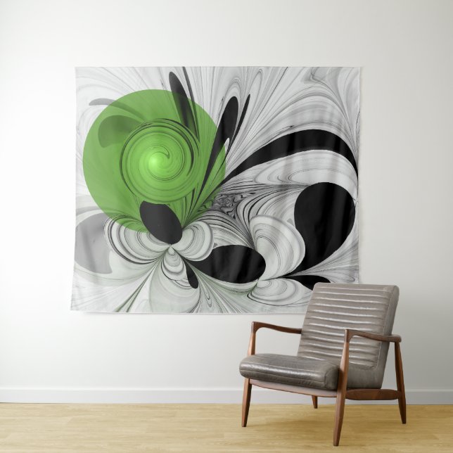 Abstract Black and White with Green Fractal Art Tapestry (In Situ (Horizontal))