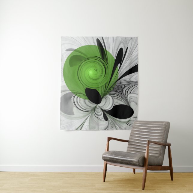 Abstract Black and White with Green Fractal Art Tapestry (In Situ)