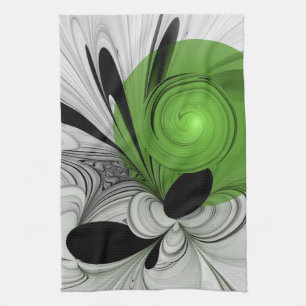Abstract Black and White with Green Fractal Art Tea Towel