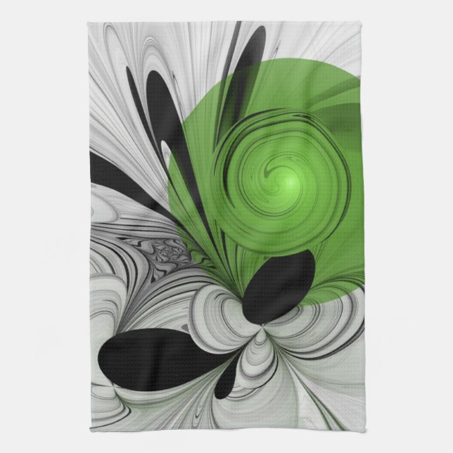 Abstract Black and White with Green Fractal Art Tea Towel (Vertical)