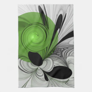 Abstract Black and White with Green Fractal Art Tea Towel