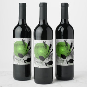 Abstract Black and White with Green Fractal Art Wine Label