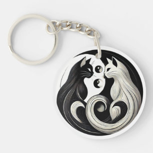 Abstract Black and White Yin-Yang Cats Key Ring