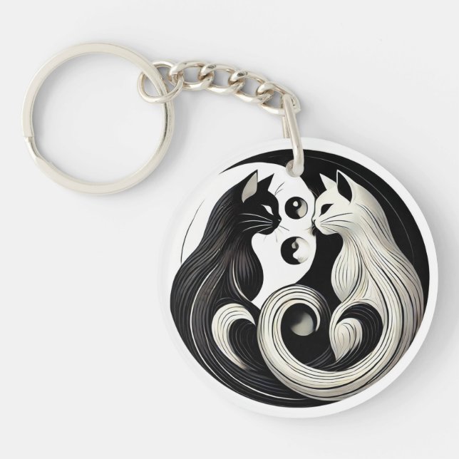 Abstract Black and White Yin-Yang Cats Key Ring (Front)