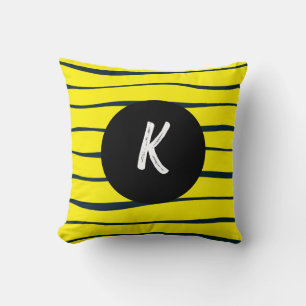 Abstract Black and Yellow Lines Monogram Cushion