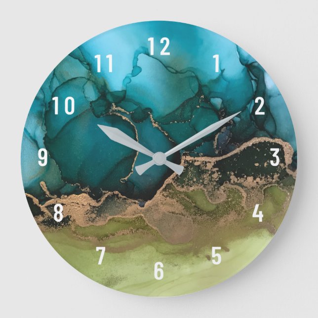 Abstract Black Aqua Green Gold Large Clock (Front)