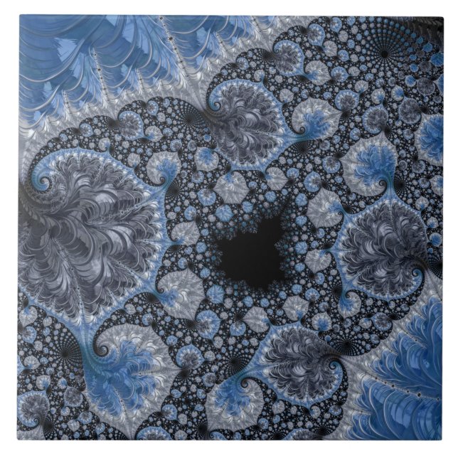 Abstract Black Blue Fractal Ceramic Tile (Front)