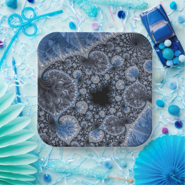 Abstract Black Blue Fractal Paper Plate (Party)