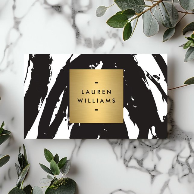 Abstract Black Brushstrokes with Gold Name Logo Business Card (Creator Uploaded)