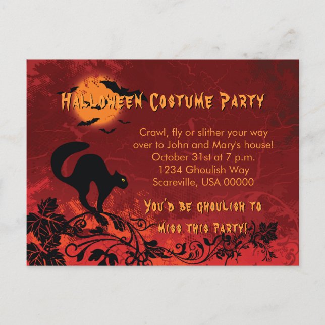 Abstract Black Cat and Bats Halloween Party Invitation Postcard (Front)
