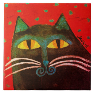 Abstract Black Cat Painting Ceramic Tile