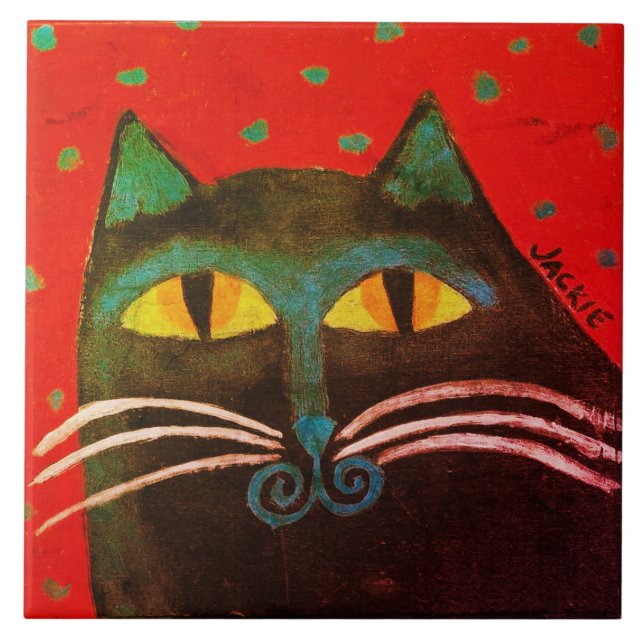 Abstract Black Cat Painting Ceramic Tile (Front)