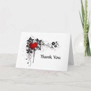 Abstract Black Floral Swirls Red Heart Thank You Card