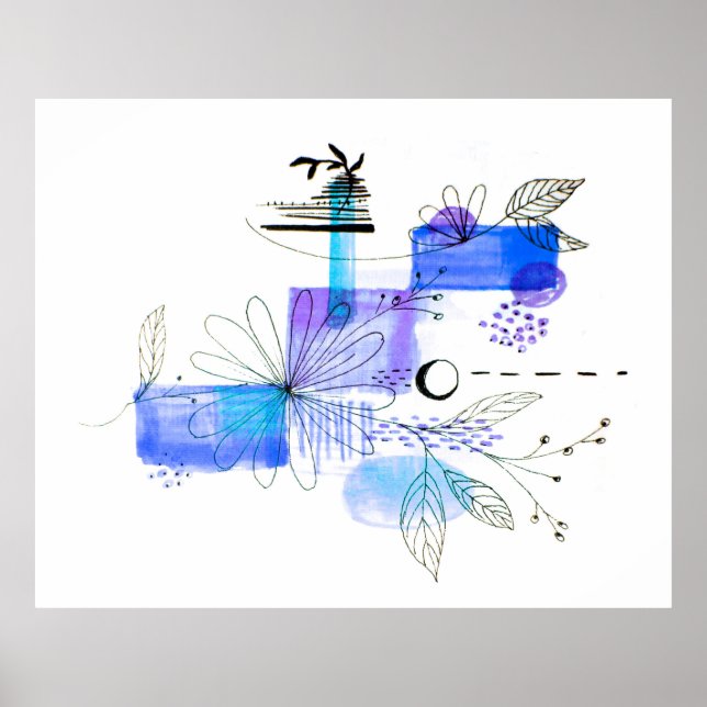 Abstract Black Flower Art Blue and Grey Poster (Front)