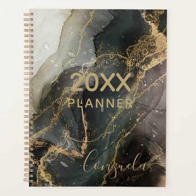 Abstract Black Gold Marble Planner (Front)