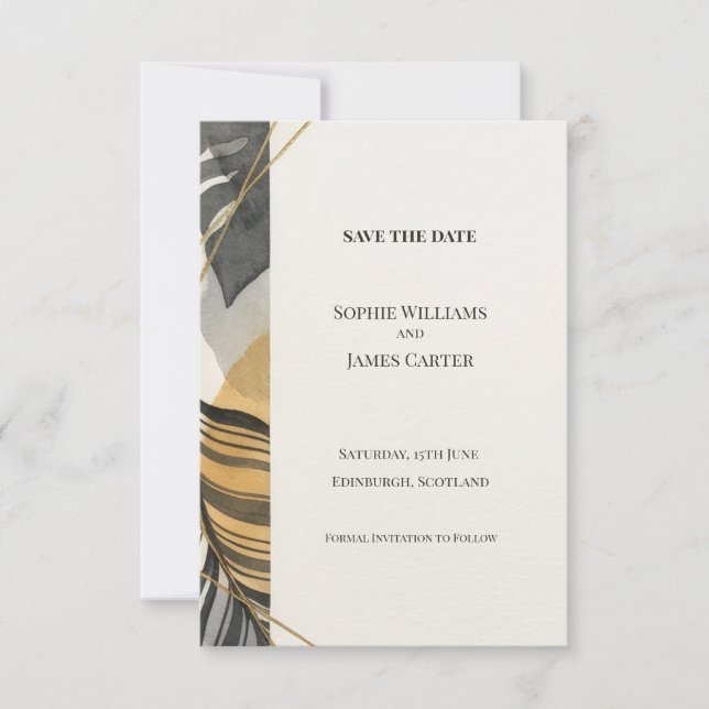 Abstract Black Gold Save The Date Card (Front)