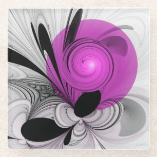 Abstract Black Gray With Magenta Fractal Art Glass Coaster
