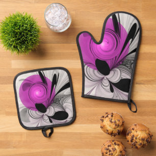 Abstract Black Gray With Magenta Fractal Art Oven Mitt & Pot Holder Set