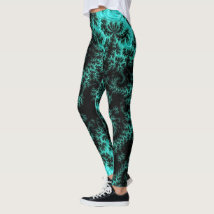 Abstract Black Green Fractal Pattern Leggings