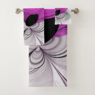 Abstract Black Grey With Magenta Fractal Art Bath Towel Set